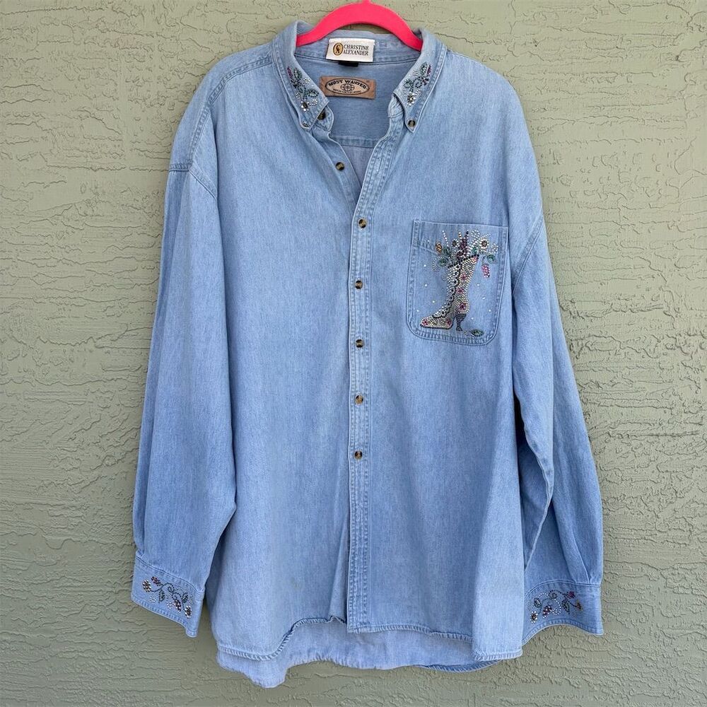 Christine Alexander Vintage Denim Shirt 2XL Blue Rhinestone Embellished